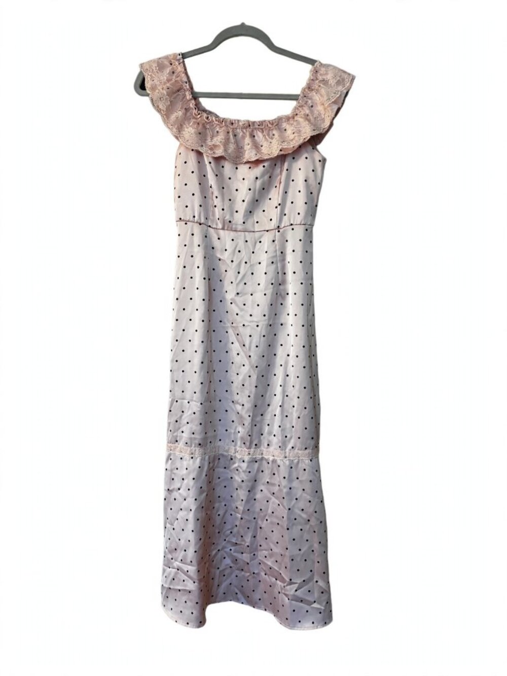 Pink Polka Dot Midi Dress Lace Ruffle Off-Shoulder Neckline